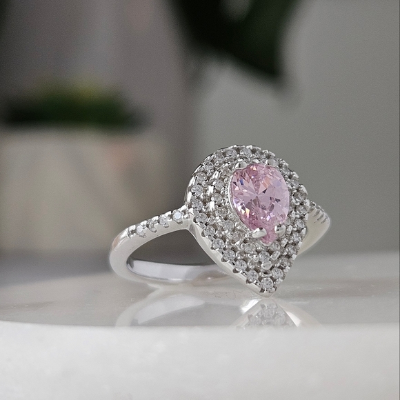 Pear Shaped Double Halo Teardrop ring with Pink Gemstones, 925 Sterling Silver - Picture 2 of 4